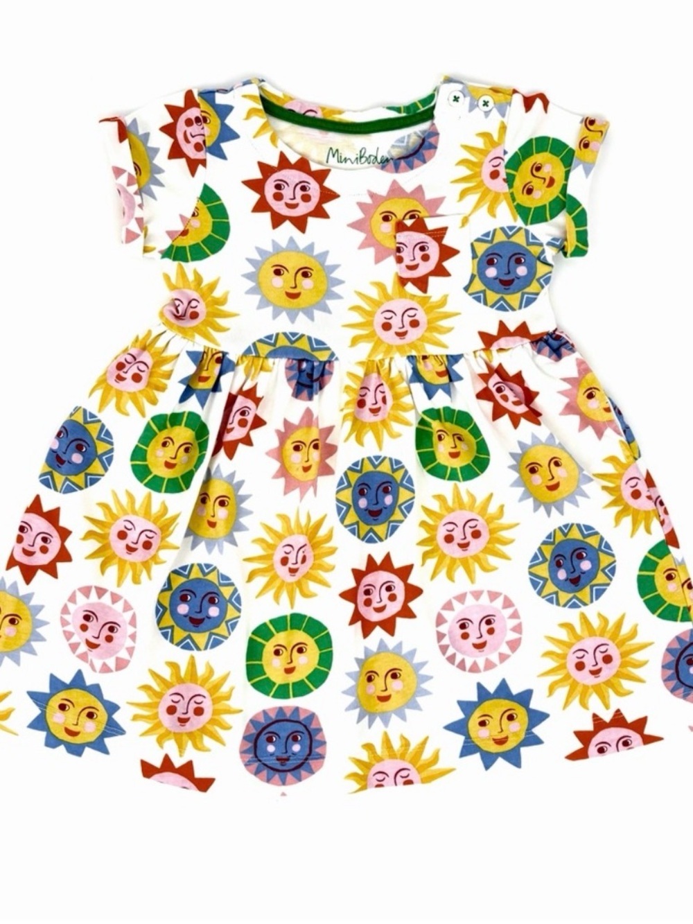 Mini Boden White Dress with Yellow Sun and Green Trim